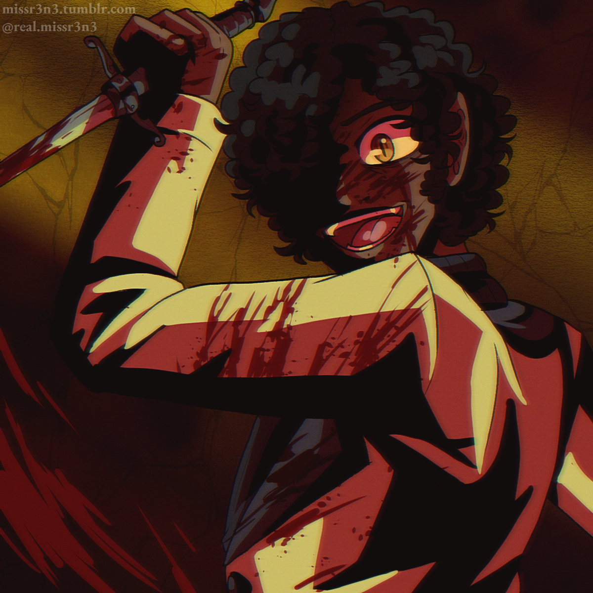 an 80s anime style portrait of steve swinging a bloodied stiletto dagger while laughing